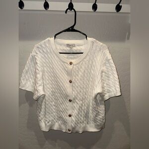 Chaps White Cable Knit Short Sleeve Cardigan with Gold Buttons